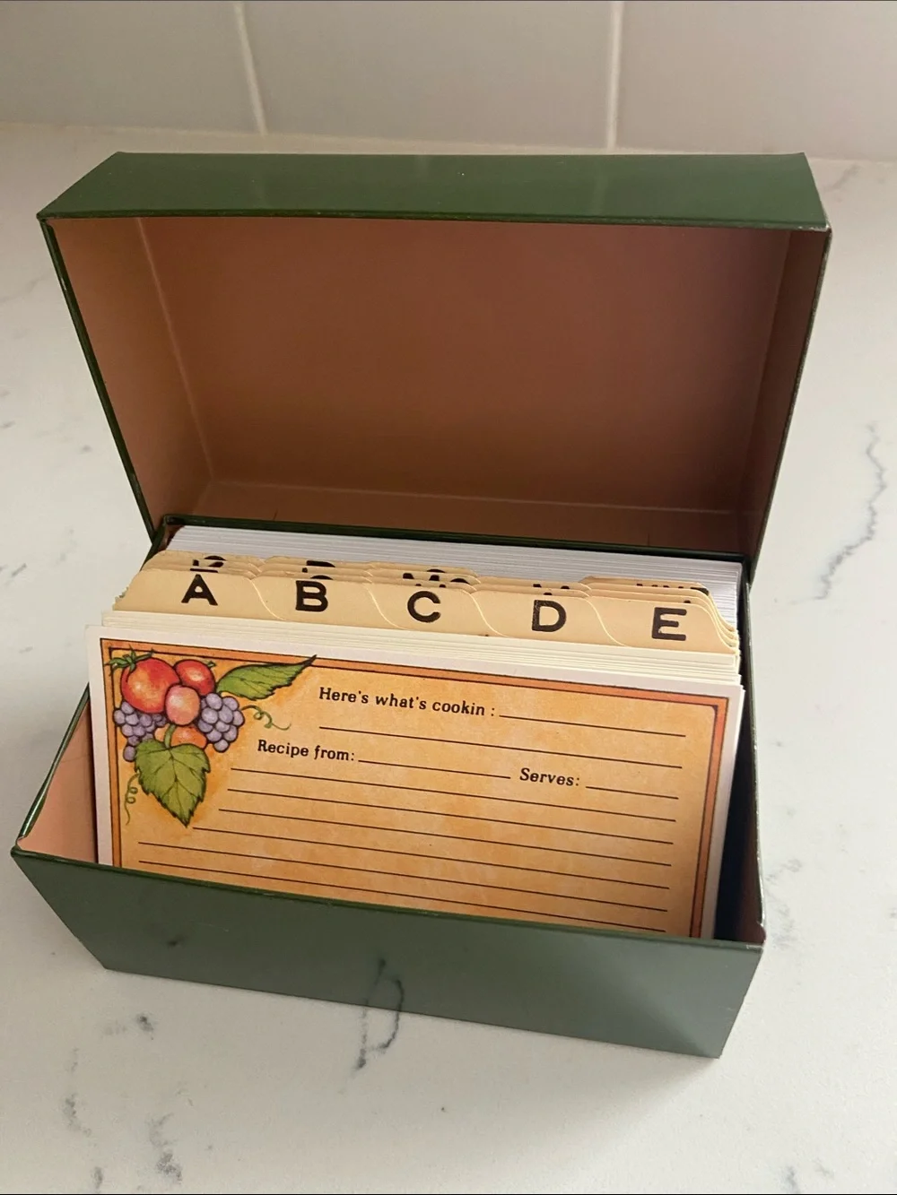 Vintage Green Metal Recipe Box with Dividers and Recipe Cards